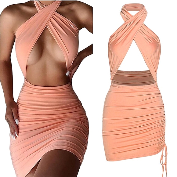 ❤️Peach Criss Cross Wrap Ruched Drawstring Mini Dress☆ - Picture 1 of 3